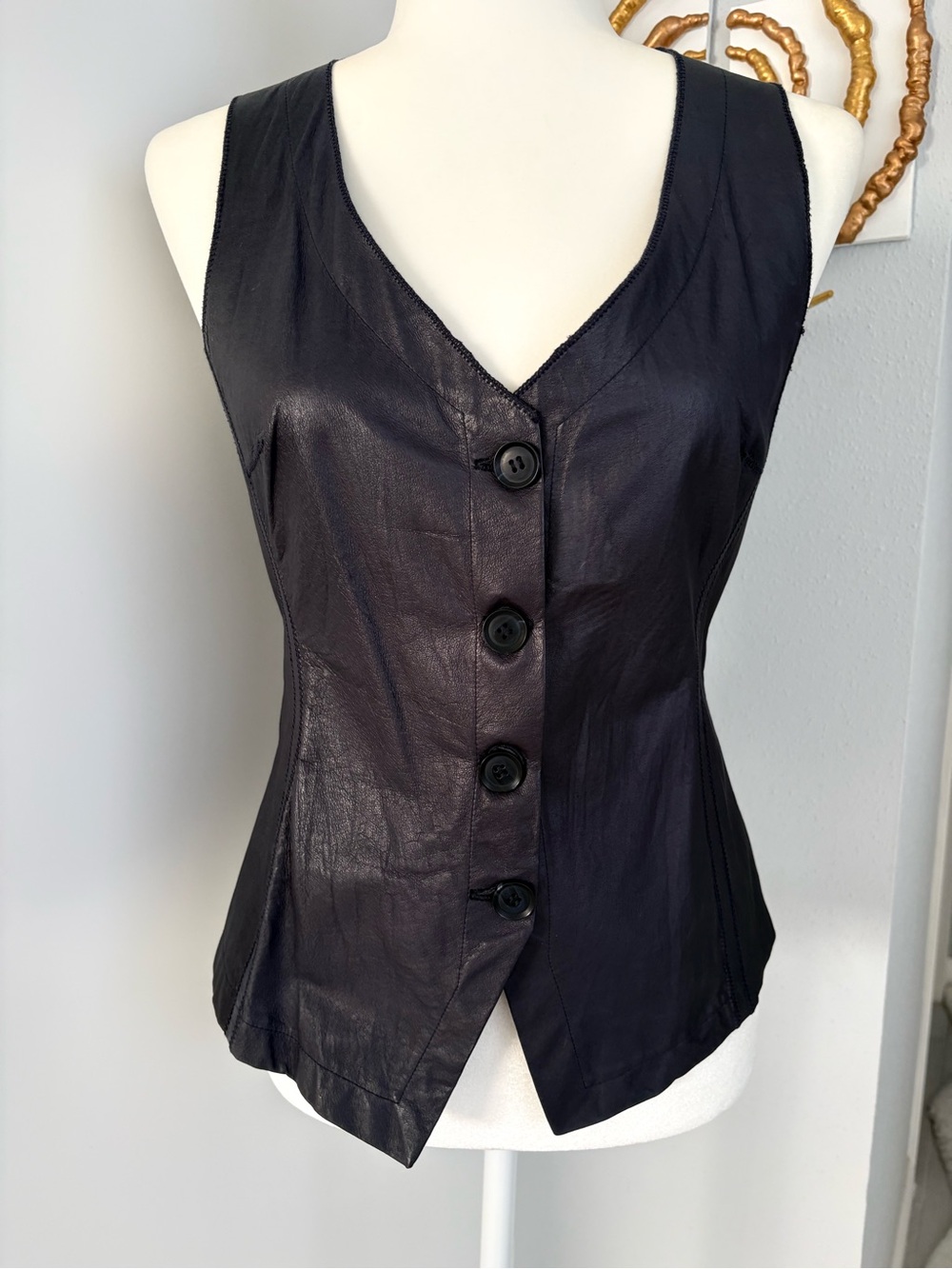 Gillia Black Leather Button-Front Bodysuit Vest